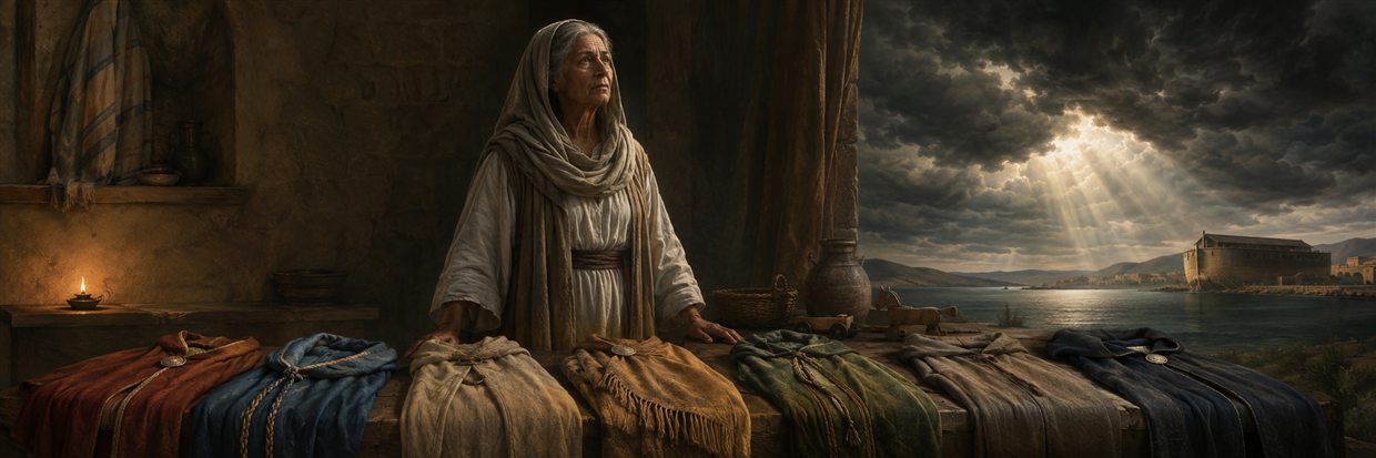 The mother remains steadfast among reminders of her seven sons as storm clouds open toward a peaceful harbor